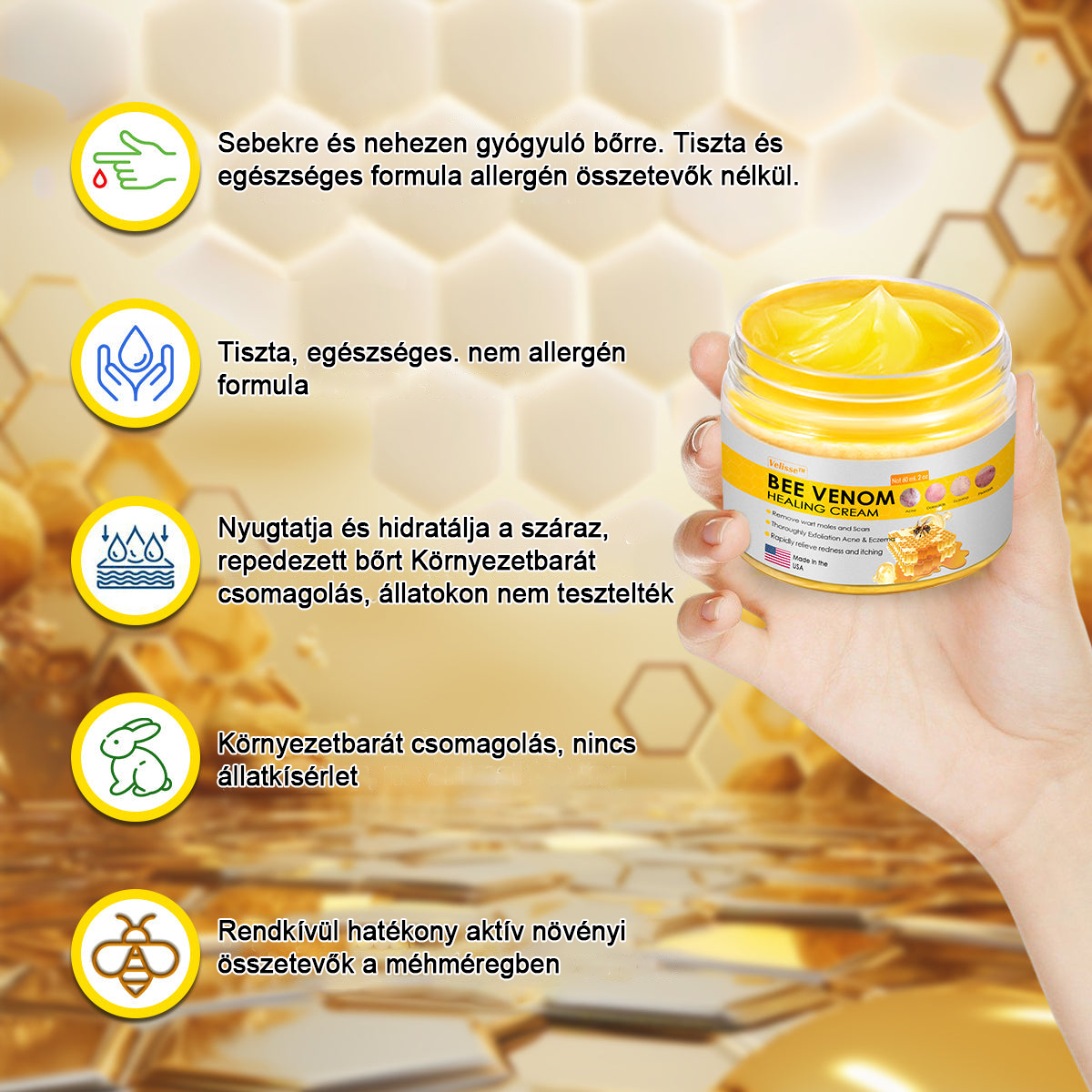 2024 ÚJ Velisse™ méhméreg bőrkrém(🧑⚕️AAD ajánlott), a szemölcsök, akné és hegek eltávolítására – többféle bőrbetegség kezelésére