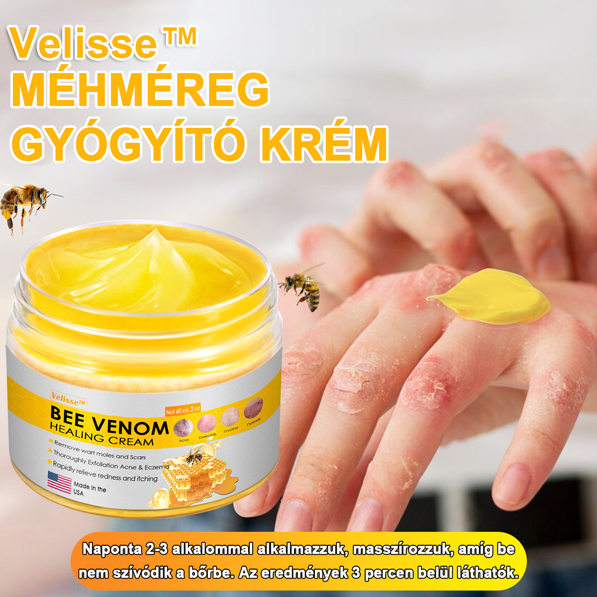 2024 ÚJ Velisse™ méhméreg bőrkrém（🧑‍⚕️AAD ajánlott), a szemölcsök, akné és hegek eltávolítására – többféle bőrbetegség kezelésére